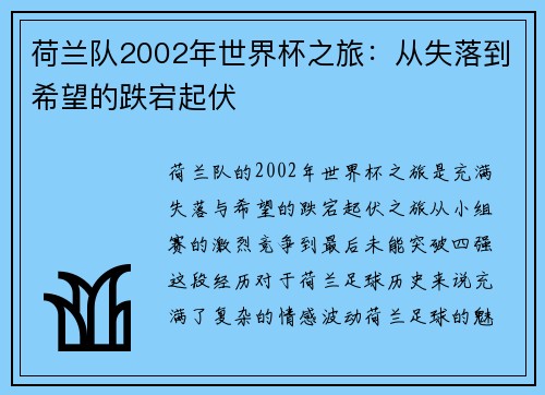 荷兰队2002年世界杯之旅：从失落到希望的跌宕起伏