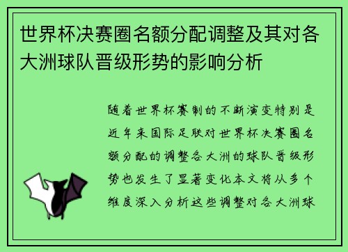 世界杯决赛圈名额分配调整及其对各大洲球队晋级形势的影响分析