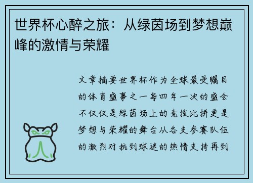 世界杯心醉之旅：从绿茵场到梦想巅峰的激情与荣耀
