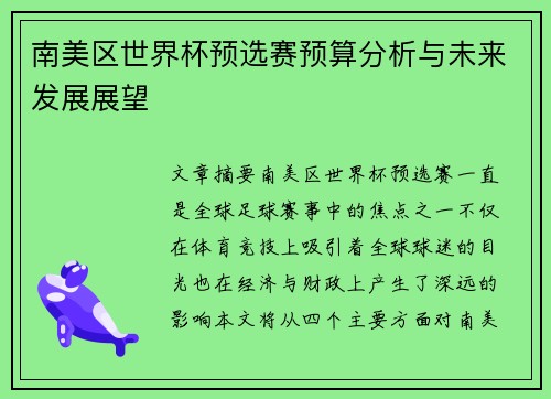 南美区世界杯预选赛预算分析与未来发展展望