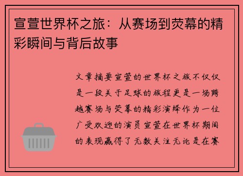宣萱世界杯之旅：从赛场到荧幕的精彩瞬间与背后故事
