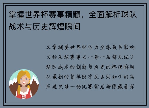 掌握世界杯赛事精髓，全面解析球队战术与历史辉煌瞬间