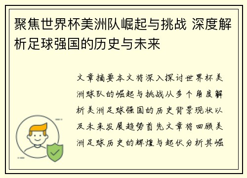聚焦世界杯美洲队崛起与挑战 深度解析足球强国的历史与未来